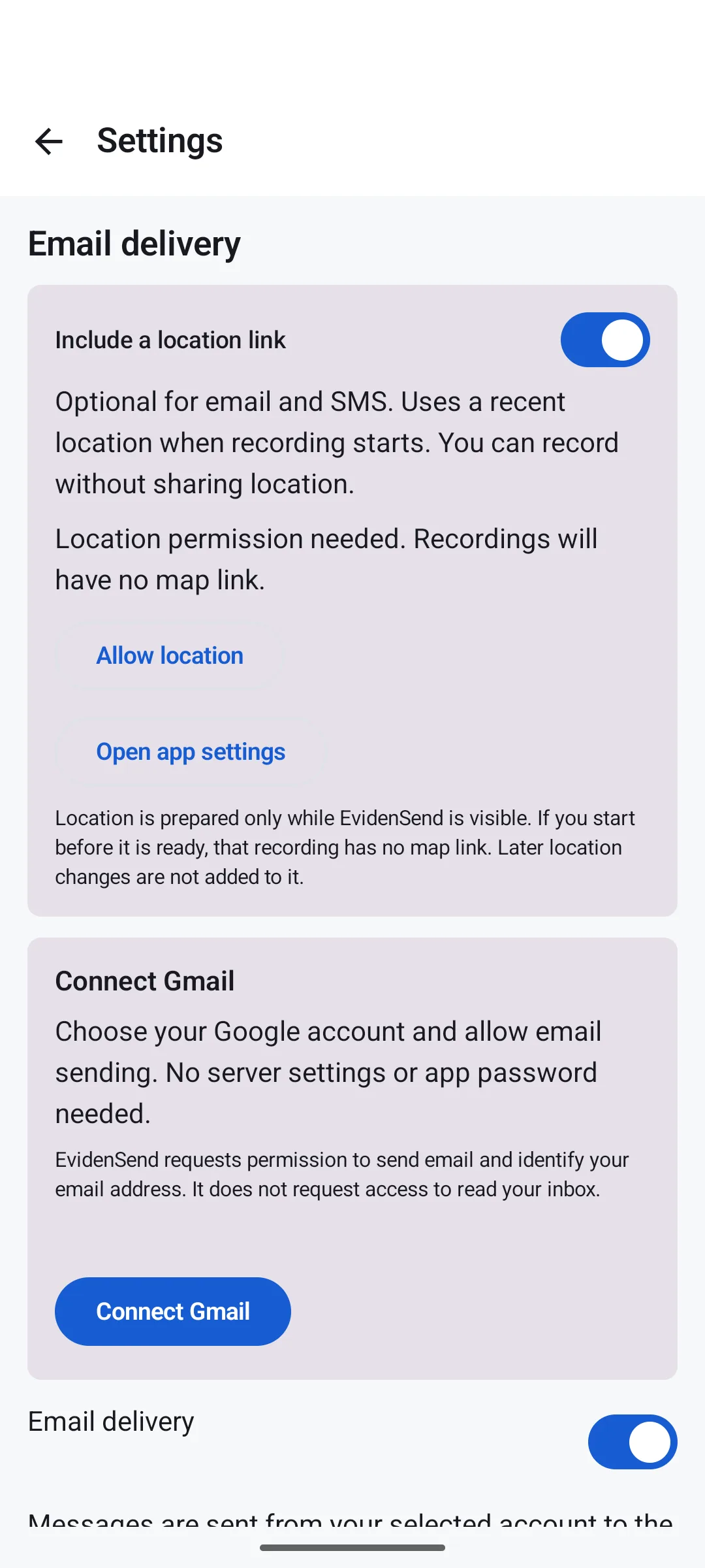 Android Email delivery settings with a Connect Gmail button and location link option.