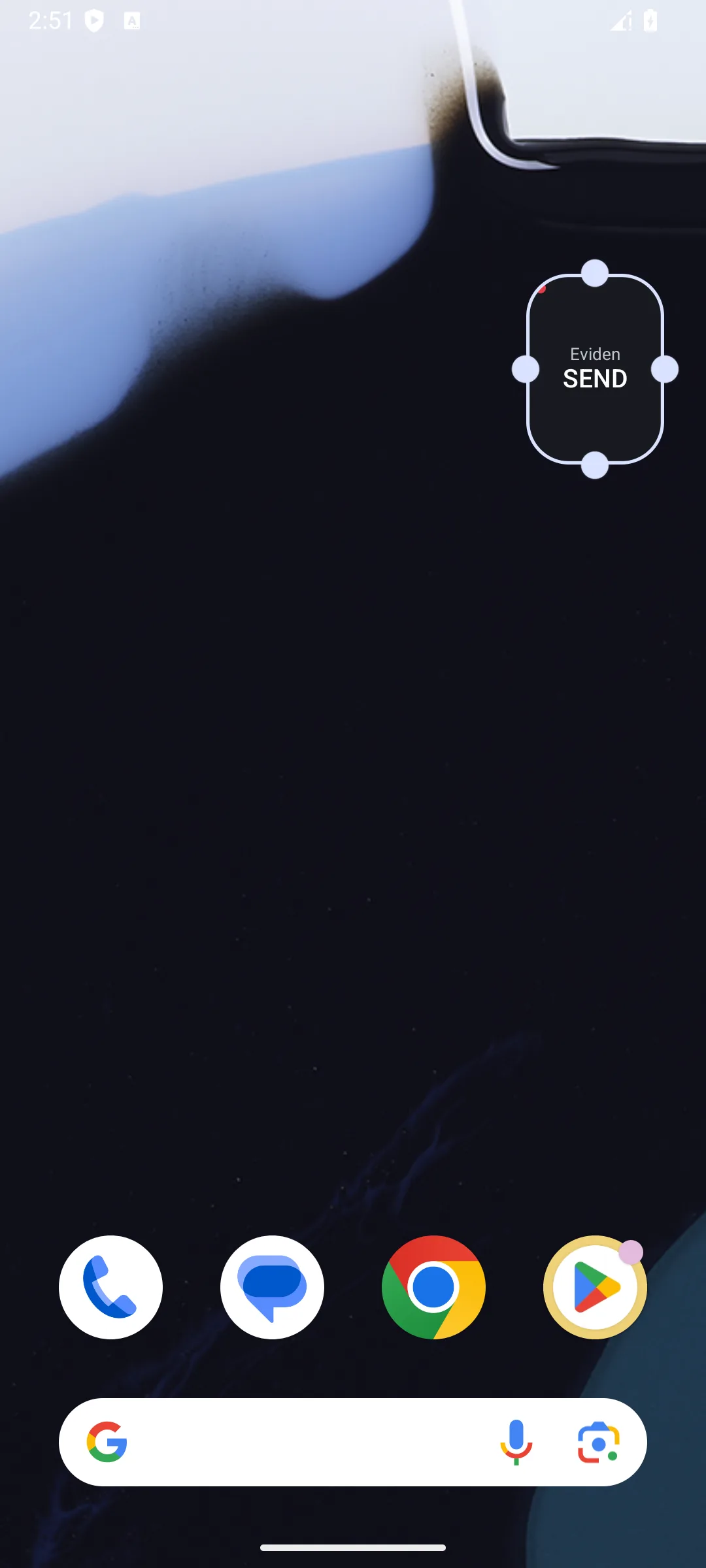 Android launcher showing the SEND widget lifted for moving, with resize handles around it.
