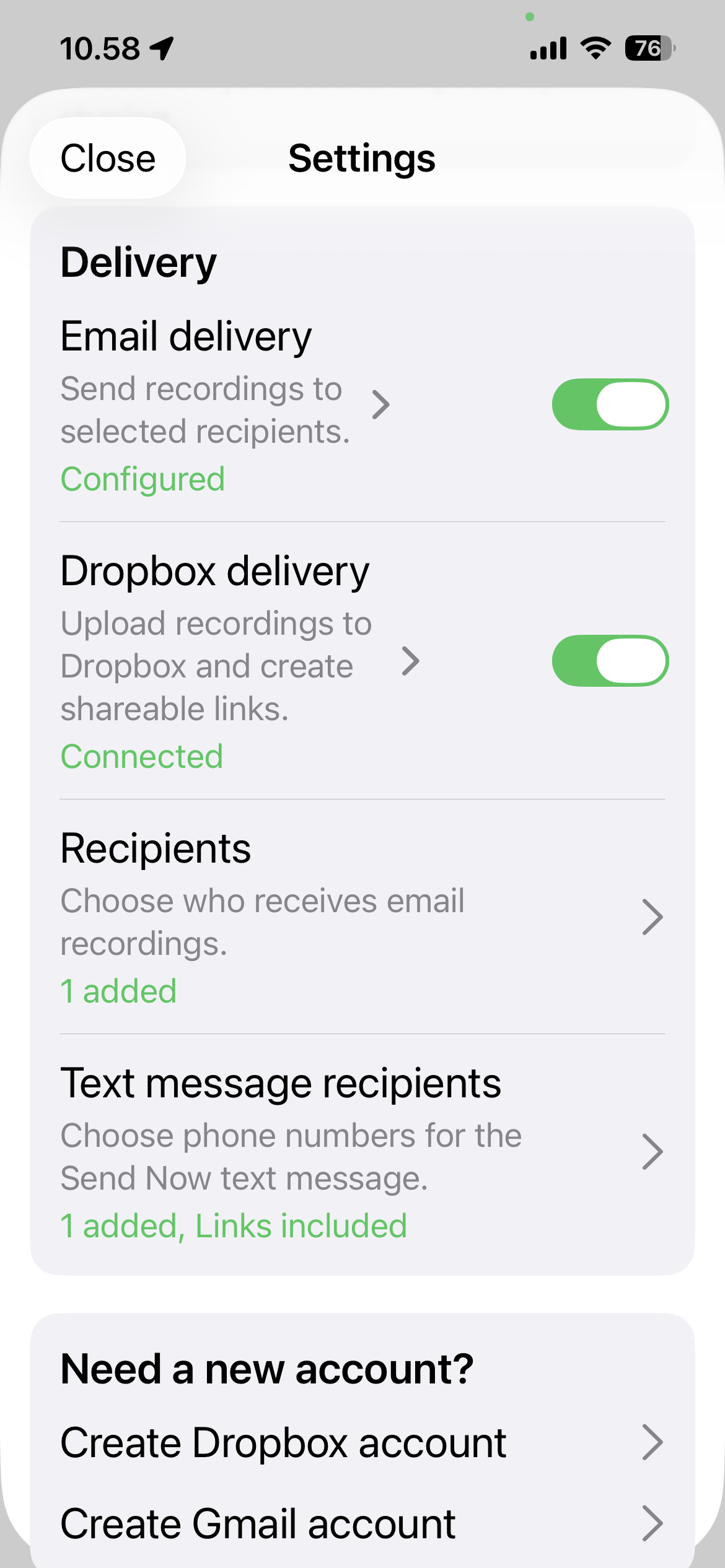 Delivery setup screen preview with email, Dropbox, recipients, and text message recipients
